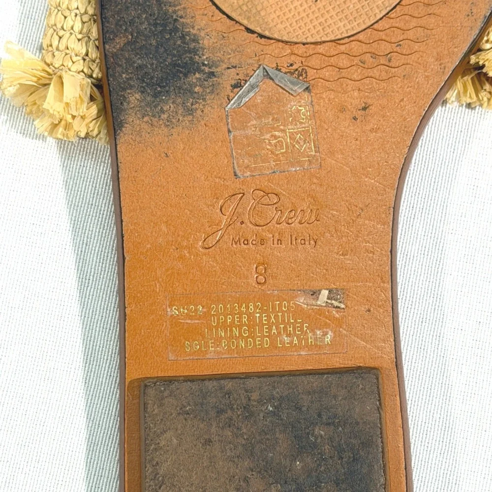 J.Crew Sorrento Raffia Fringe Slide Sandals Tan Brown Leather Size 8‎